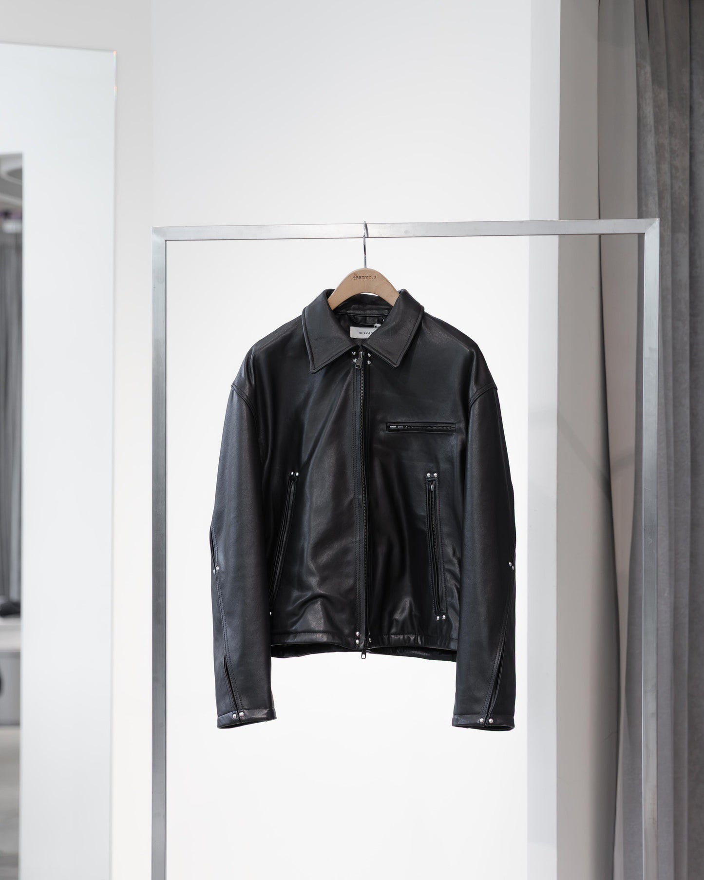 studded motion pleat leather jacket