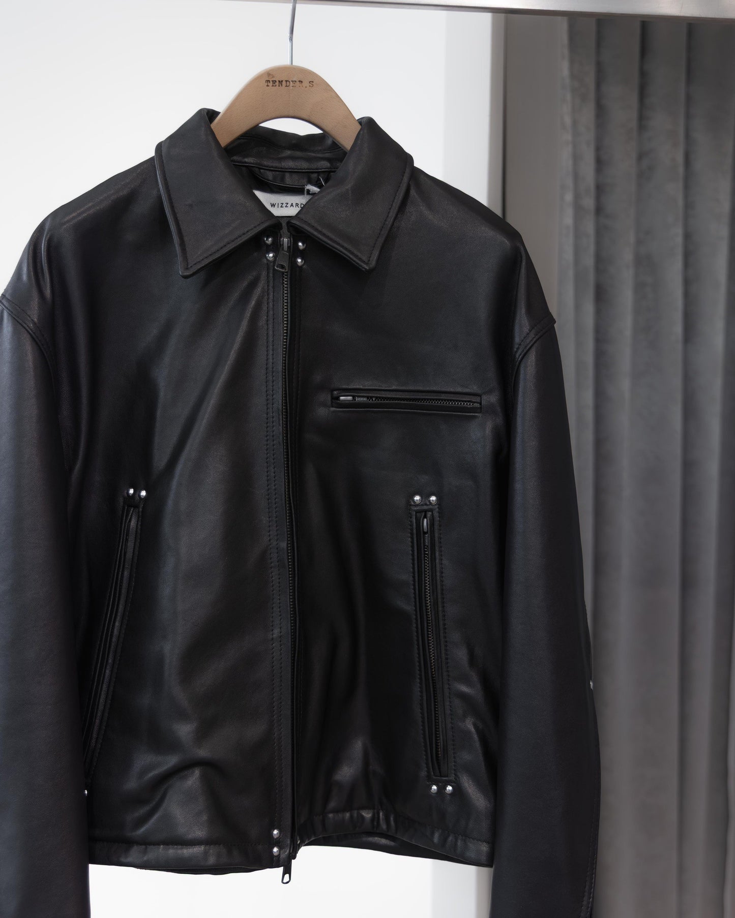 studded motion pleat leather jacket