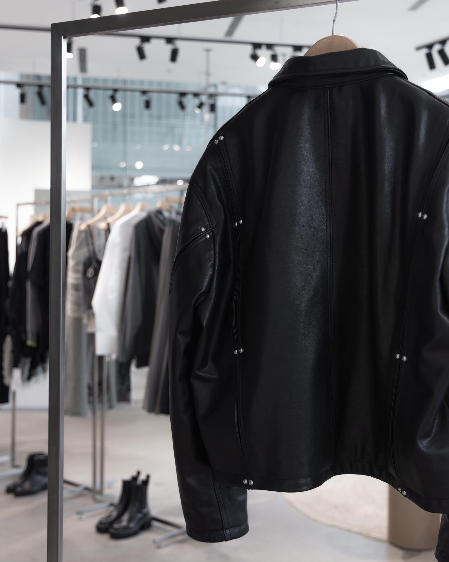 studded motion pleat leather jacket