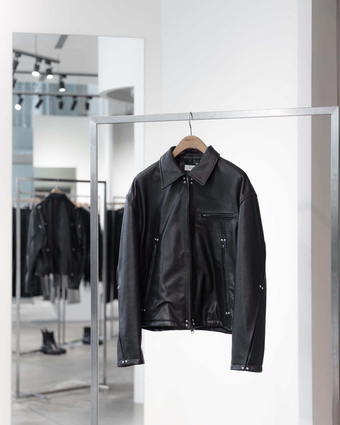 studded motion pleat leather jacket