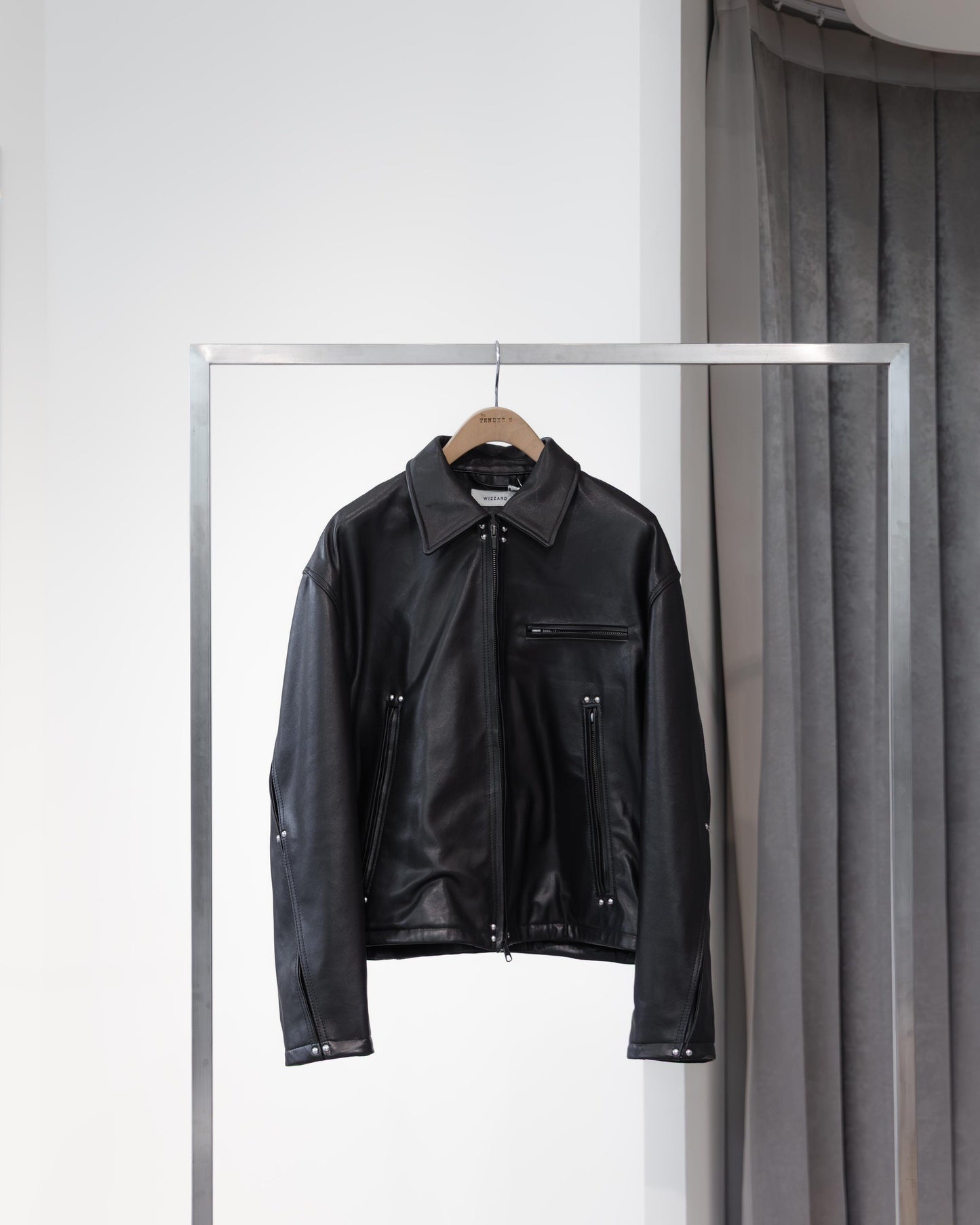 studded motion pleat leather jacket