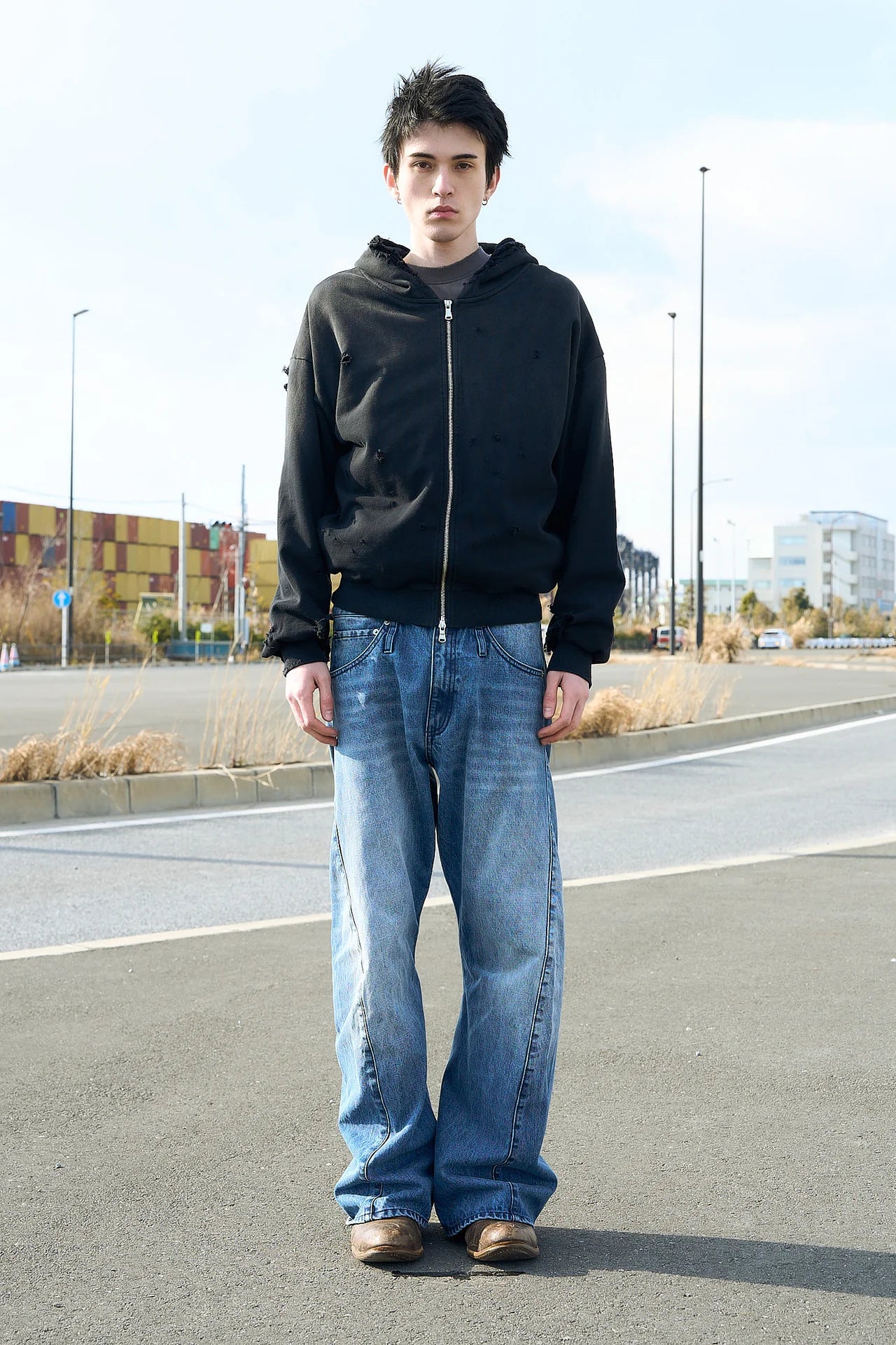 overlap denim wide pants