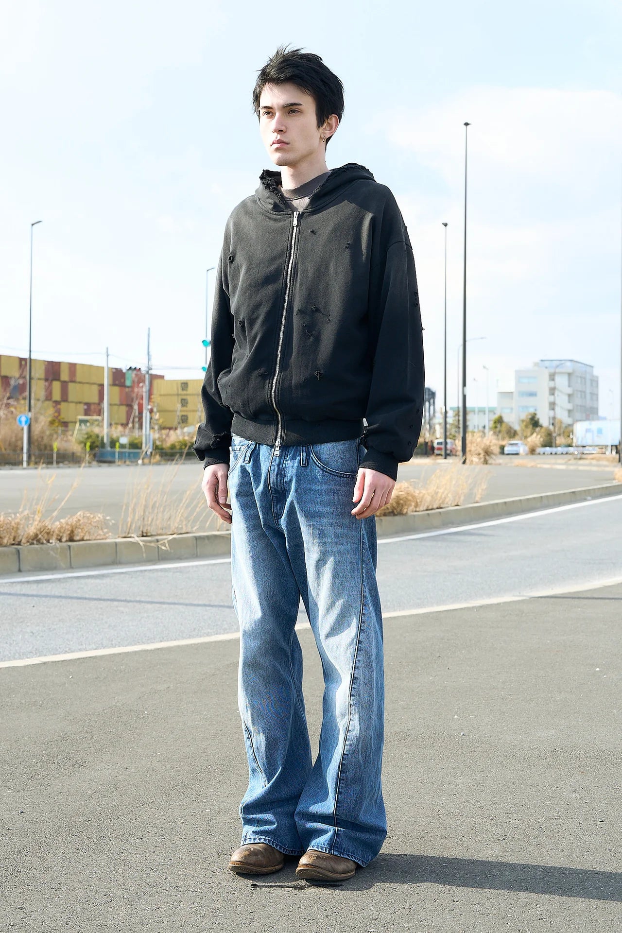 overlap denim wide pants