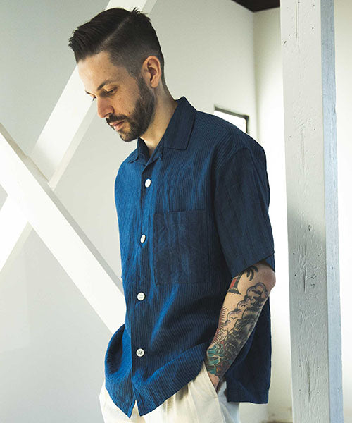 classic pattern indigo linen / open collar shirt