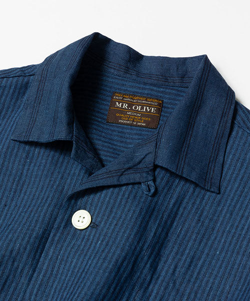 classic pattern indigo linen / open collar shirt