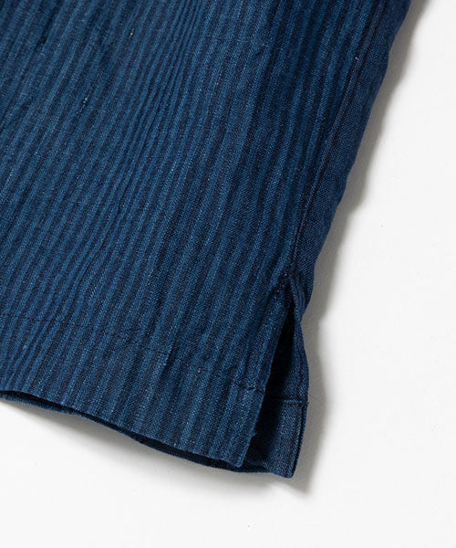 classic pattern indigo linen / open collar shirt